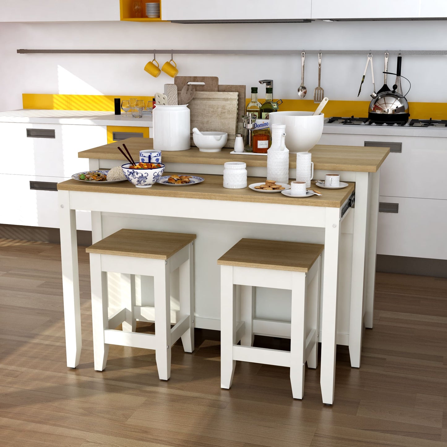 Delphi 53" Kitchen Island Cabinet With Two Stools