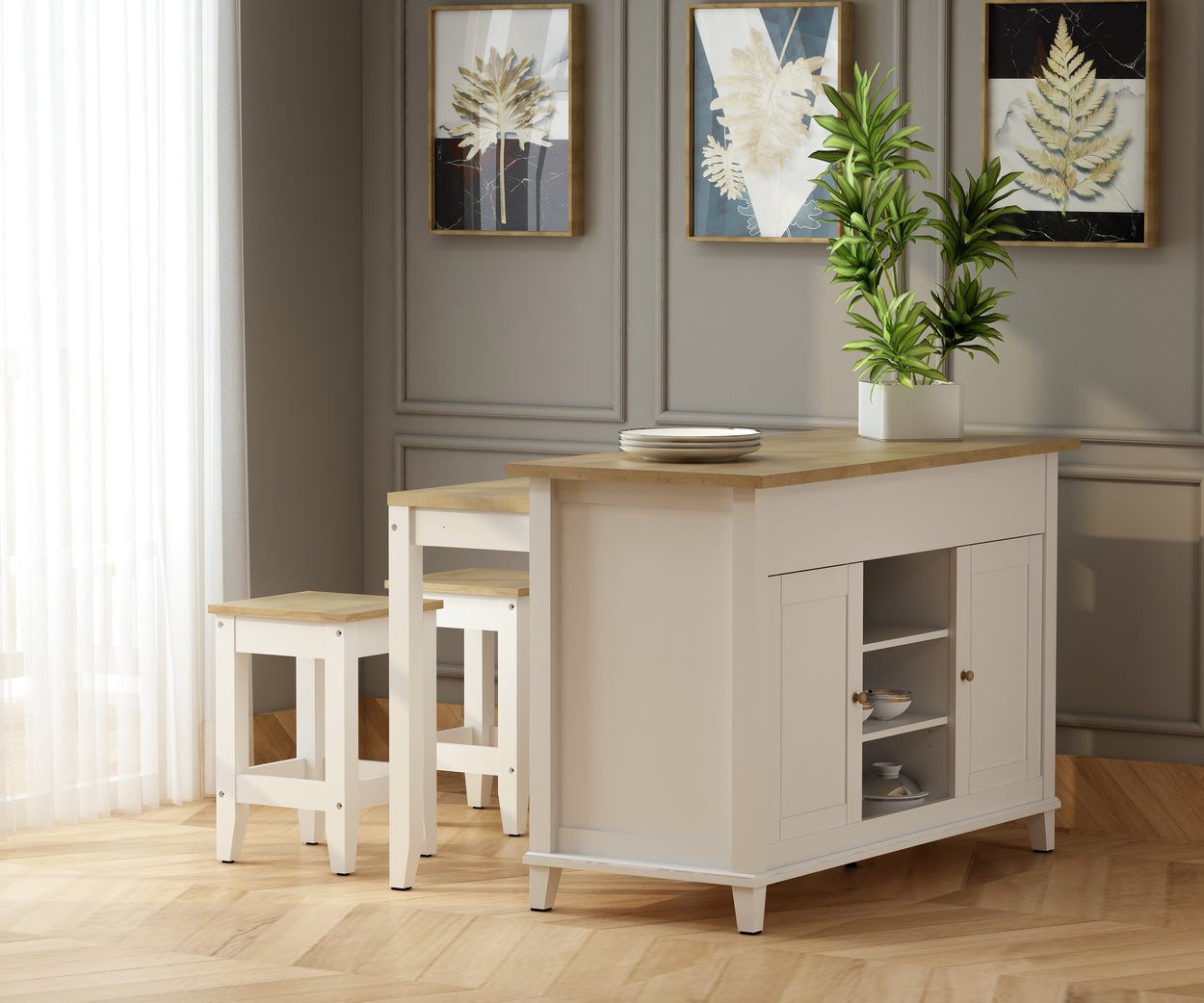 Delphi 53" Kitchen Island Cabinet With Two Stools