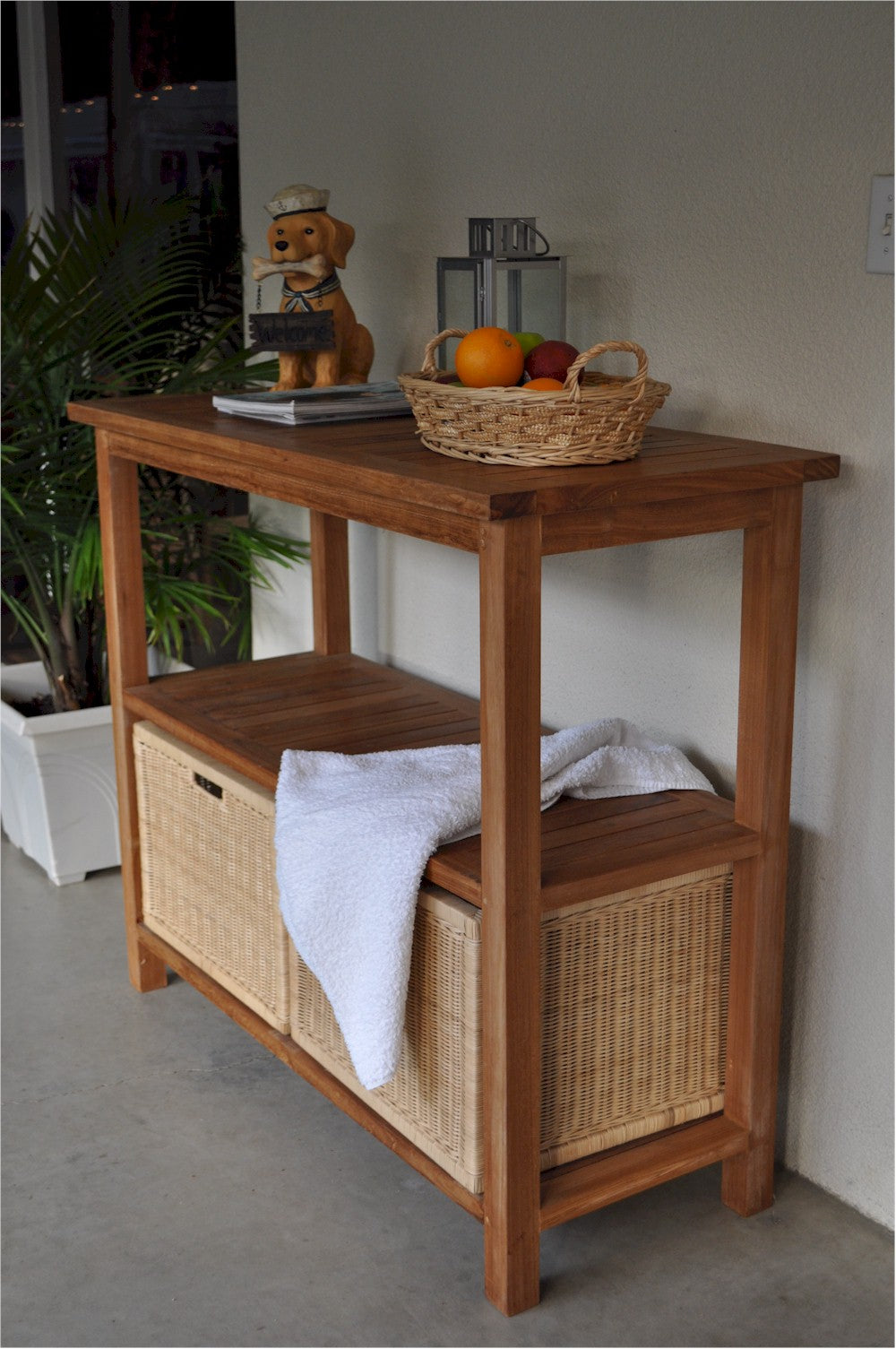 Towel Console Table with 4-Wicker Baskets